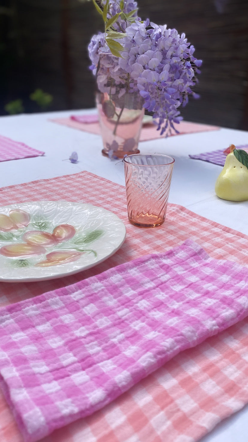 2 Serviettes de Table en tissu double gaze de coton modèle Petite Vichy Bonbon fabriquées en France