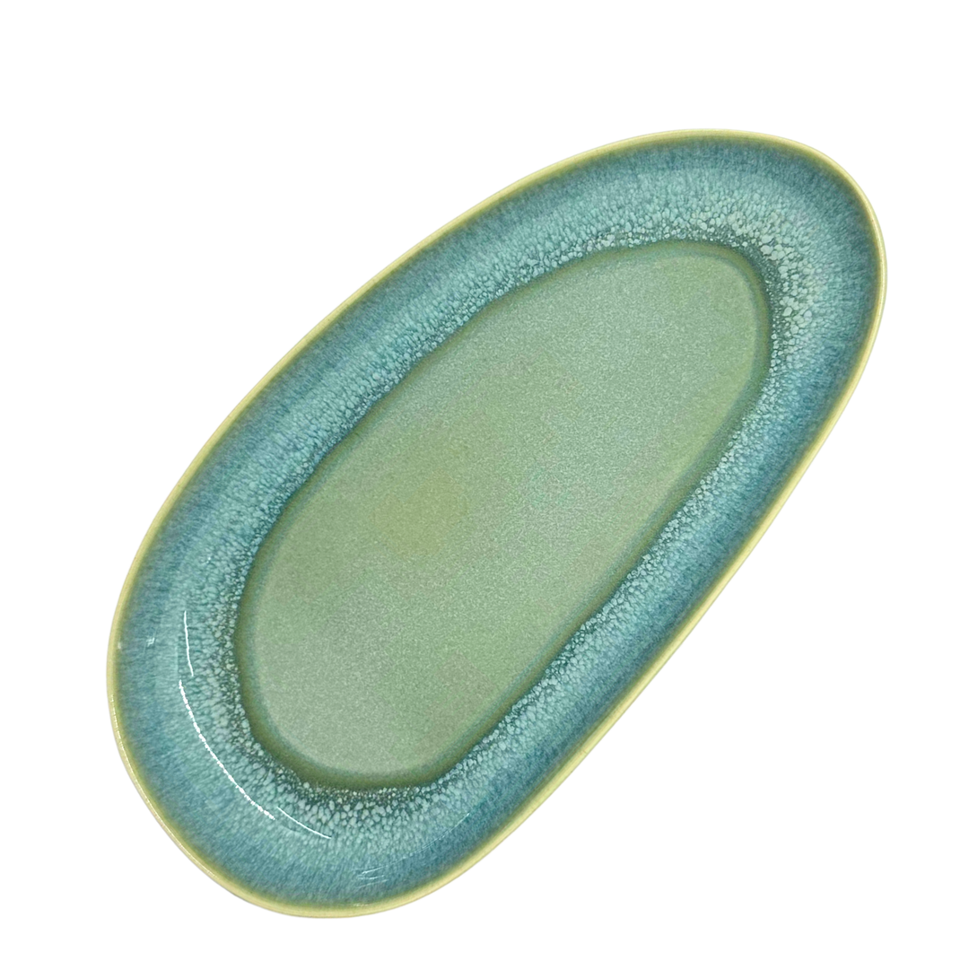 Plat de service oval double vert en céramique portugaise - 24 cm