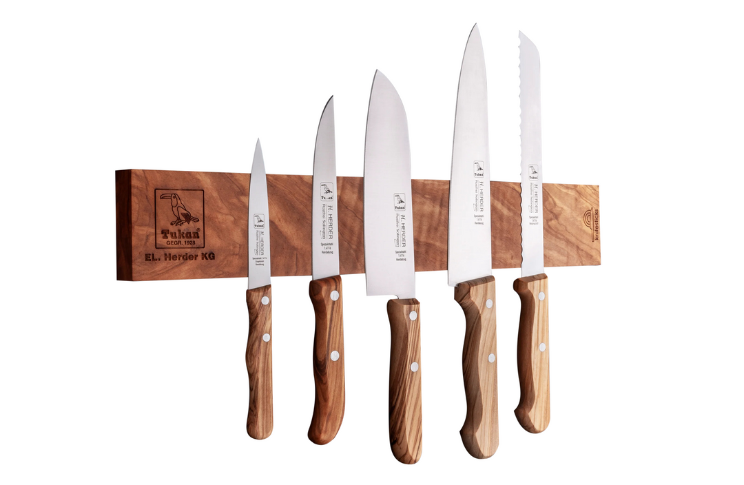 Set de couteaux 6 pcs. avec barre magnétique, bois d'olivier