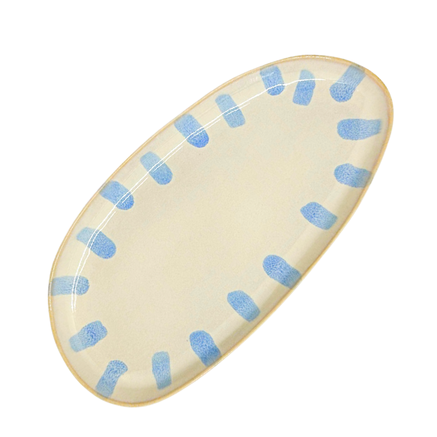 Plat de service oval à rayures bleues en céramique portugaise - 24 cm
