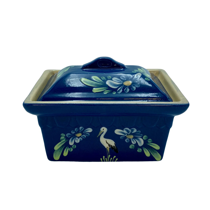 Rectangular terrine with blue jeans and stork