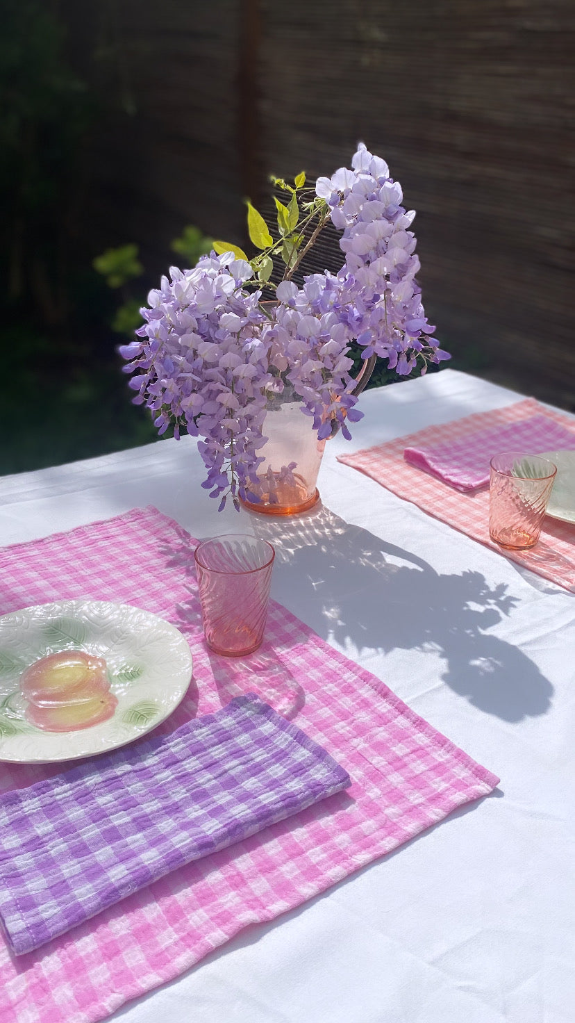 2 Serviettes de Table en tissu double gaze de coton modèle Petite Vichy Glycine fabriquées en France