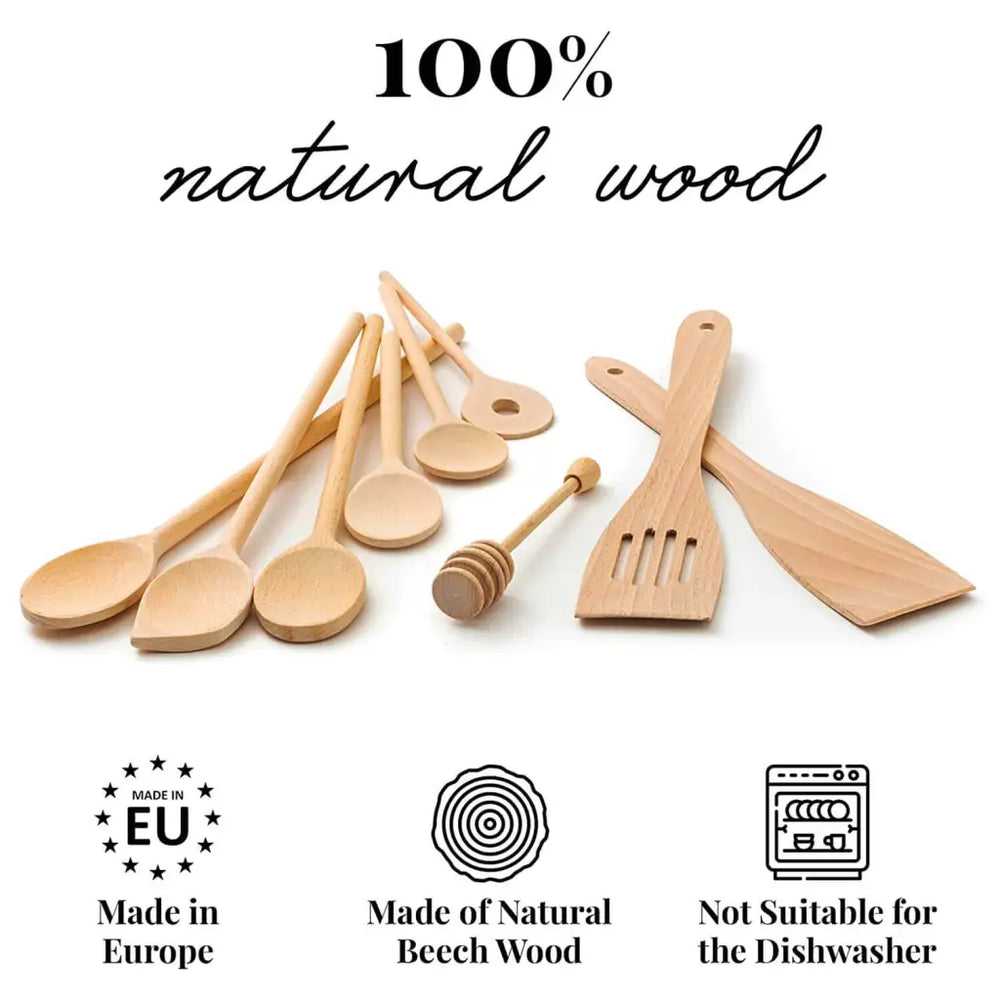 Kit de 9 ustensiles de cuisine en bois (grandes cuillères, spatules, cuillère à miel) Lots d'ustensiles Tuuli