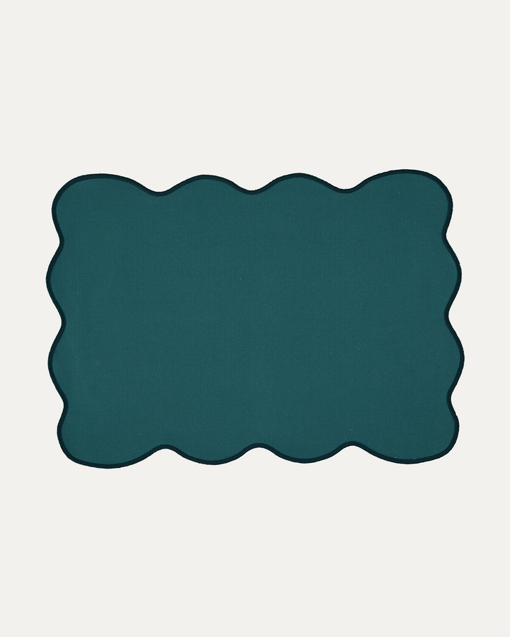 Set de table anti-tâche Palma, bleu pétrole et feston bleu marine