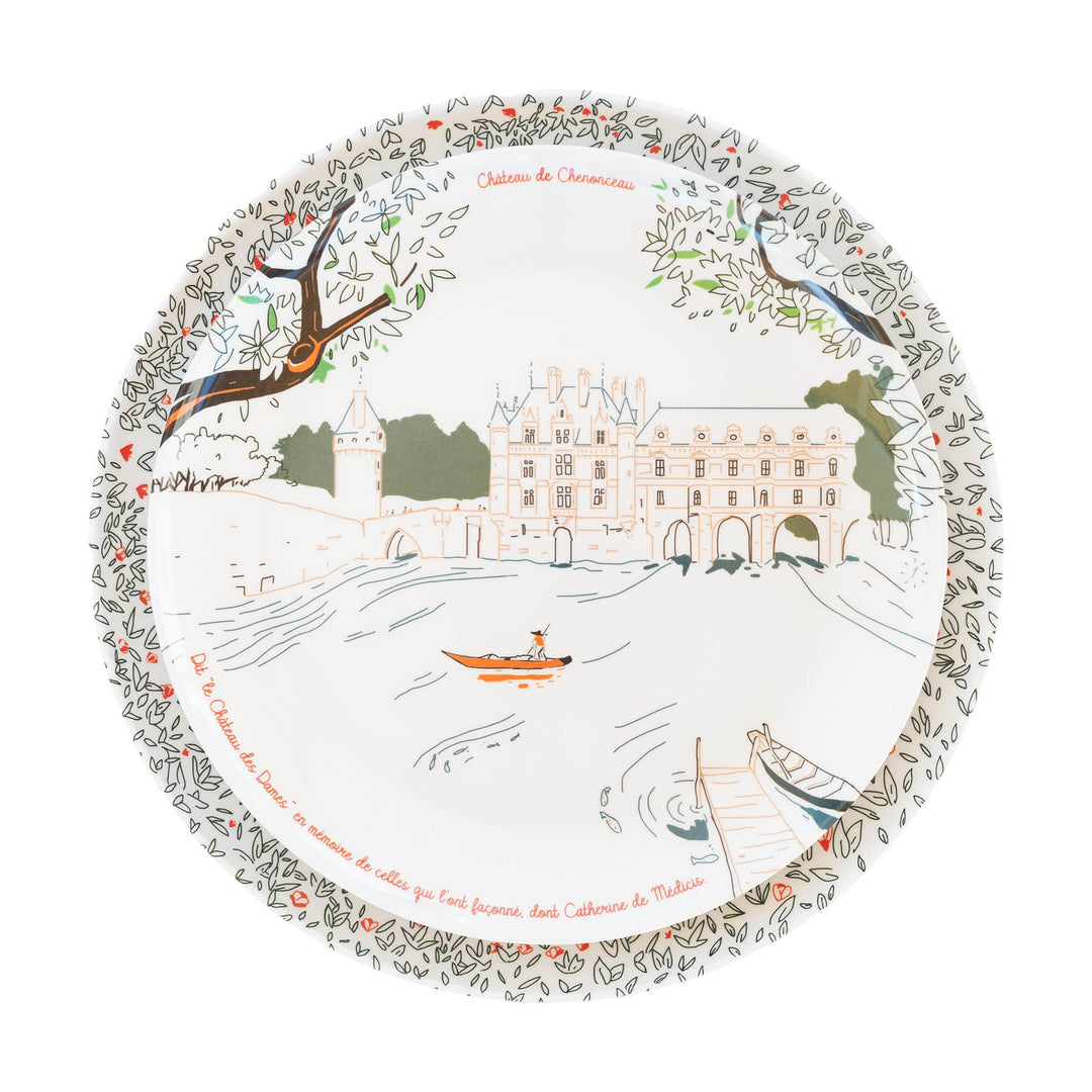 Service complet - Les châteaux de la Loire - 4 grandes assiettes en mélamine Ø 24 cm et 4 assiettes en mélamine Ø 21 cm à dessert. Services vaisselle Ours Blanc