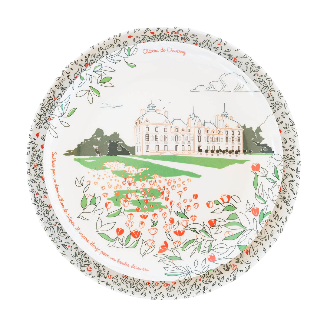 Service complet - Les châteaux de la Loire - 4 grandes assiettes en mélamine Ø 24 cm et 4 assiettes en mélamine Ø 21 cm à dessert. Services vaisselle Ours Blanc