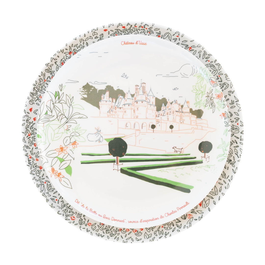 Service complet - Les châteaux de la Loire - 4 grandes assiettes en mélamine Ø 24 cm et 4 assiettes en mélamine Ø 21 cm à dessert. Services vaisselle Ours Blanc