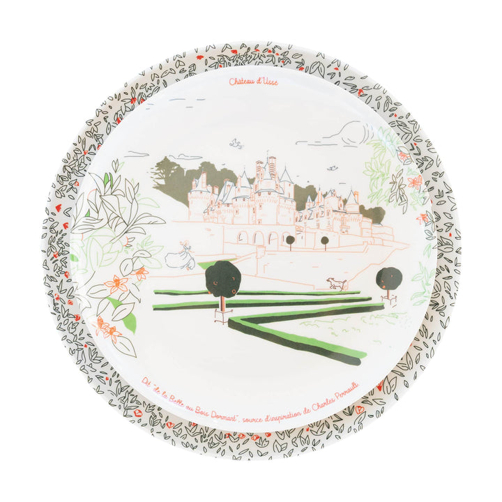 Service complet - Les châteaux de la Loire - 4 grandes assiettes en mélamine Ø 24 cm et 4 assiettes en mélamine Ø 21 cm à dessert. Services vaisselle Ours Blanc