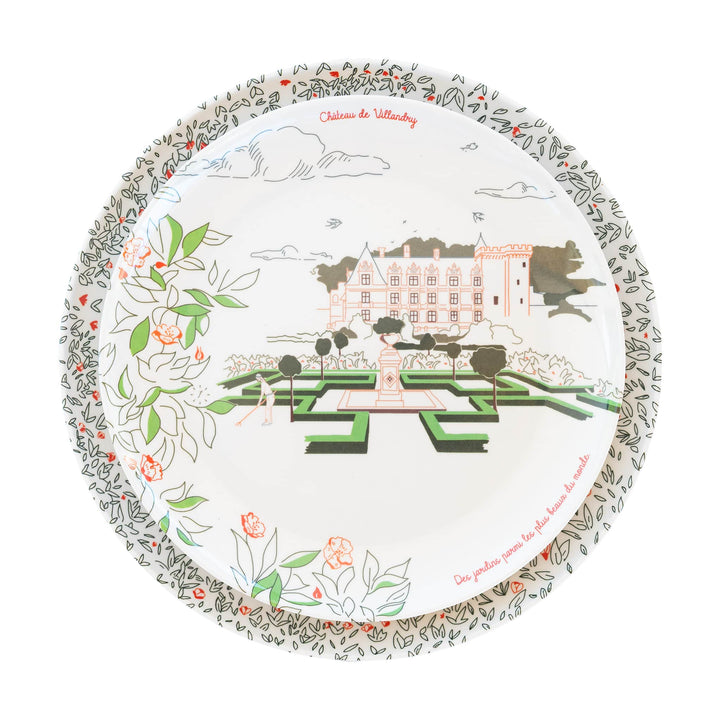 Service complet - Les châteaux de la Loire - 4 grandes assiettes en mélamine Ø 24 cm et 4 assiettes en mélamine Ø 21 cm à dessert. Services vaisselle Ours Blanc