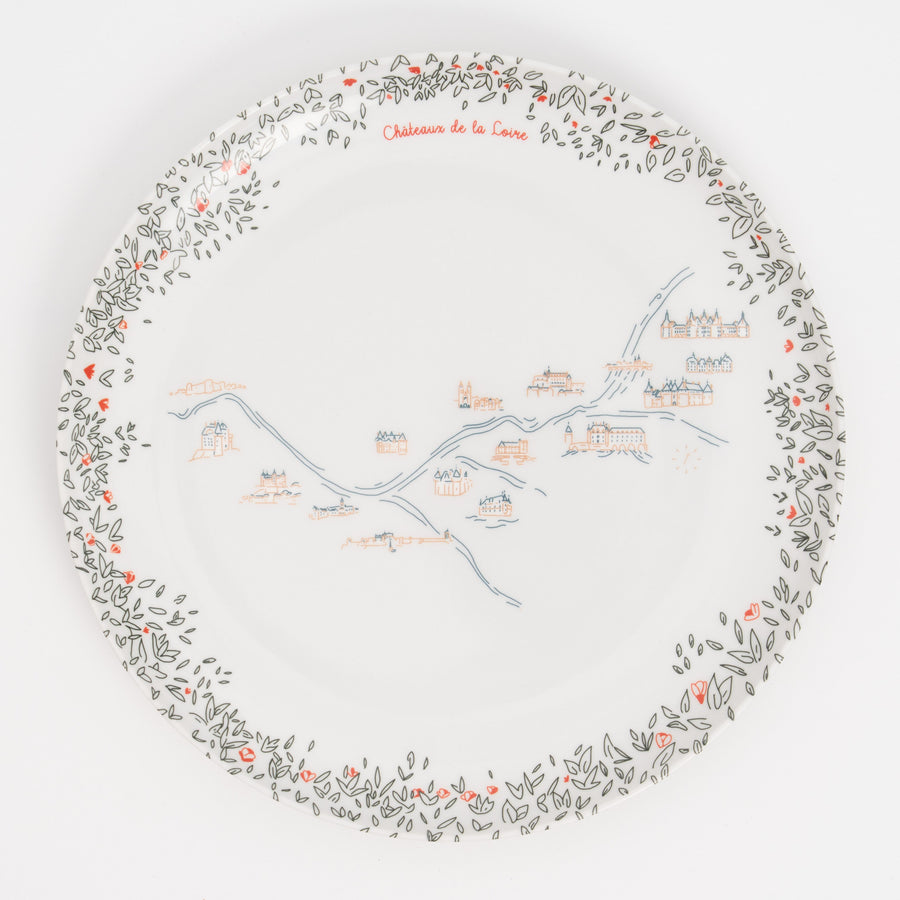 Grande assiette plate en mélamine Ø 24 cm, illustration panoramique des Châteaux de la Loire · Ours Blanc Paris