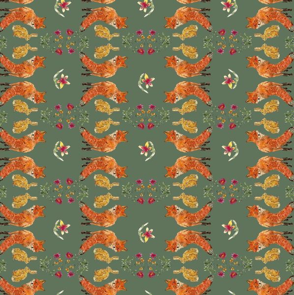 Nappe made in France à motifs renards et lièvres fond vert sauge