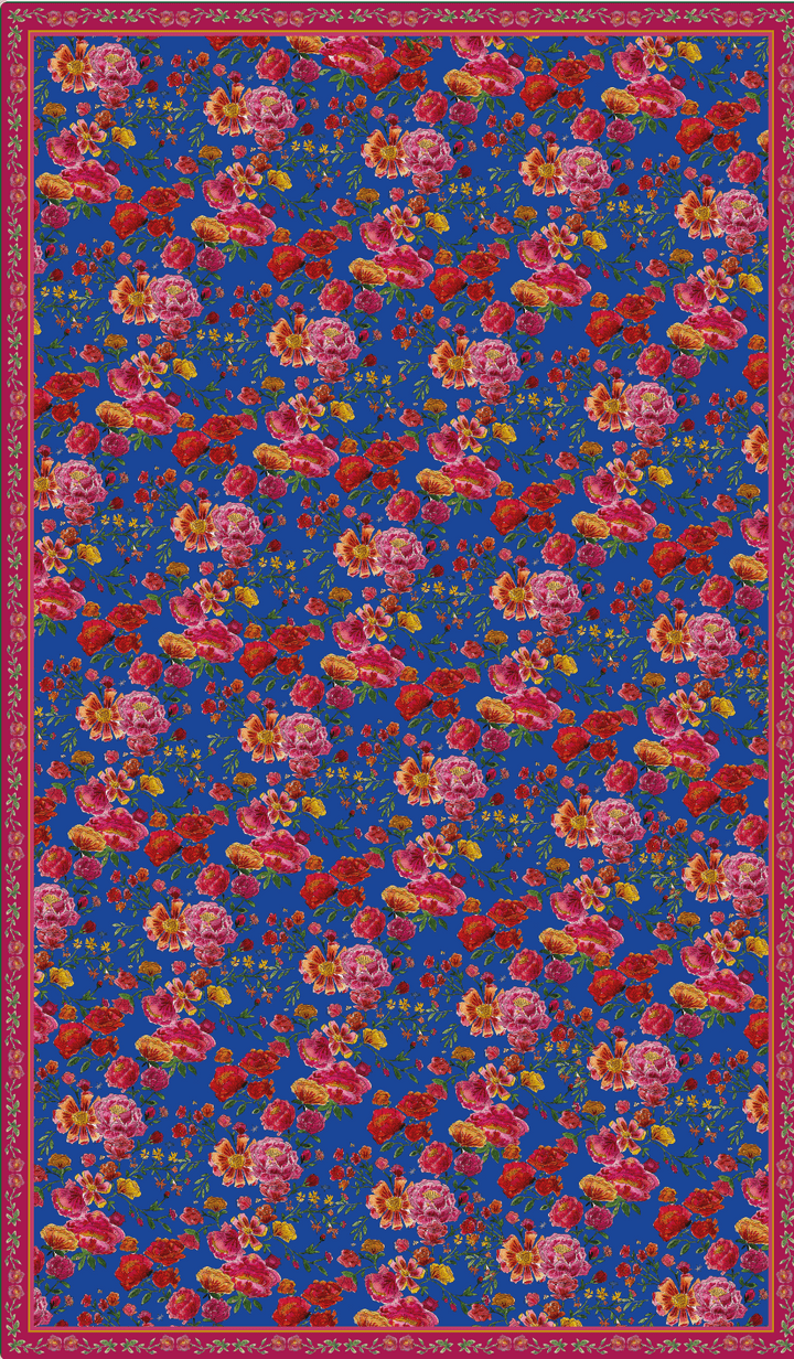 Nappe made in France à motifs Bouquet de roses fond bleu