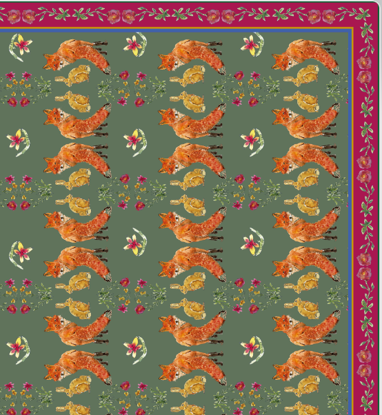 Nappe made in France à motifs renards et lièvres fond vert sauge