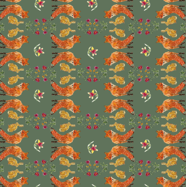 Nappe made in France à motifs renards et lièvres fond vert sauge