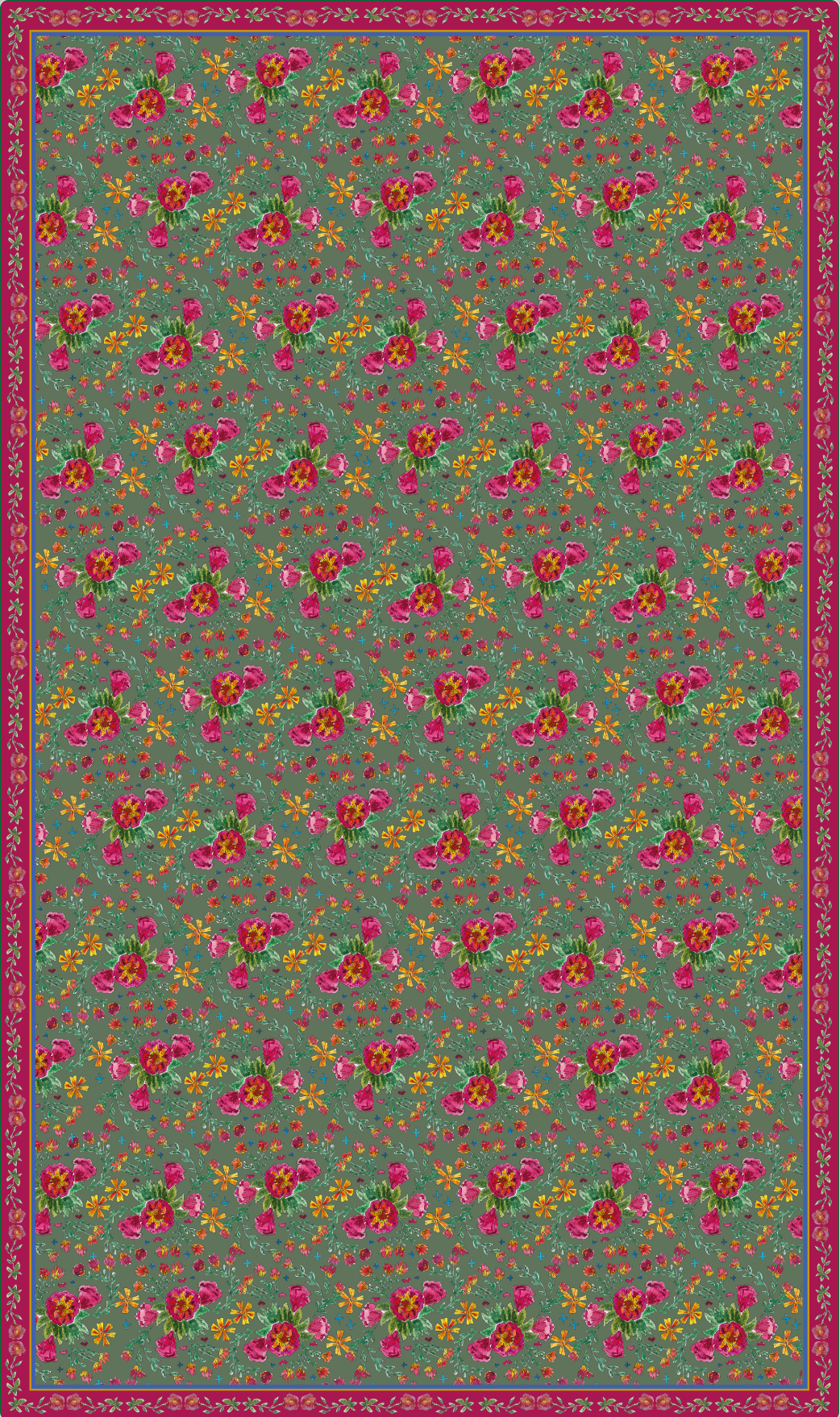 Nappe made in France à motifs Fleurs russes fond vert sauge
