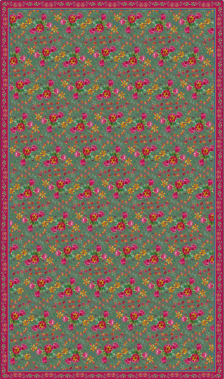 Nappe made in France à motifs Fleurs russes fond vert sauge
