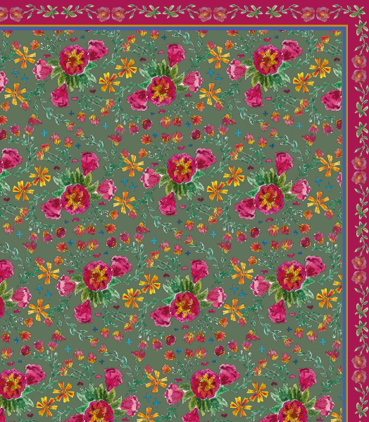 Nappe made in France à motifs Fleurs russes fond vert sauge