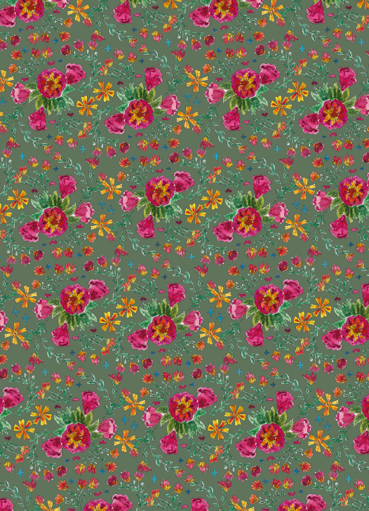 Nappe made in France à motifs Fleurs russes fond vert sauge