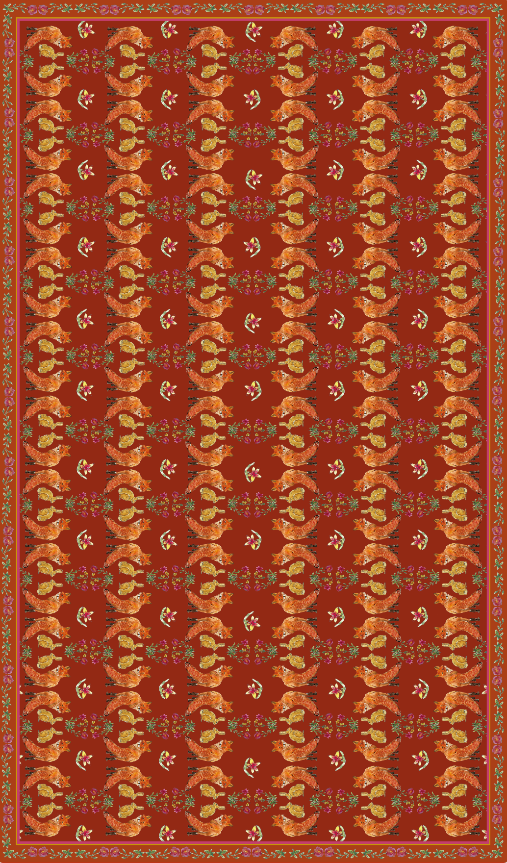 Nappe made in France à motifs Renards et lièvres fond rouille