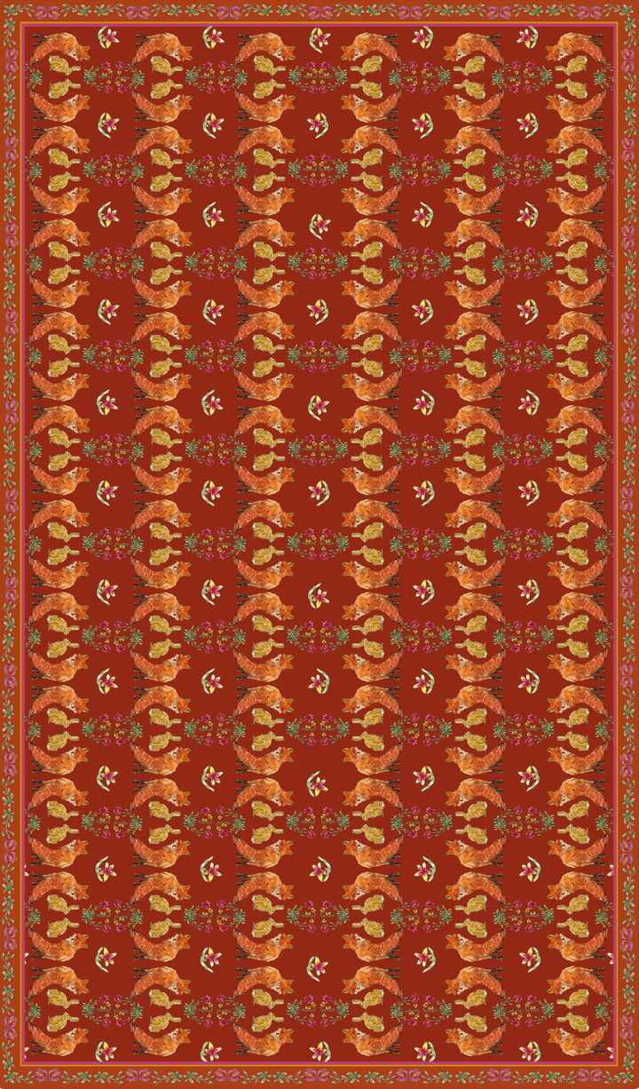 Nappe made in France à motifs Renards et lièvres fond rouille