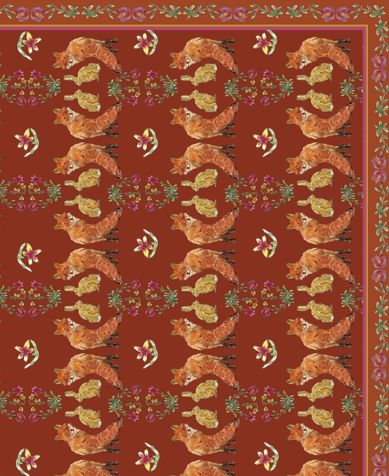 Nappe made in France à motifs Renards et lièvres fond rouille