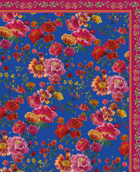 Nappe made in France à motifs Bouquet de roses fond bleu