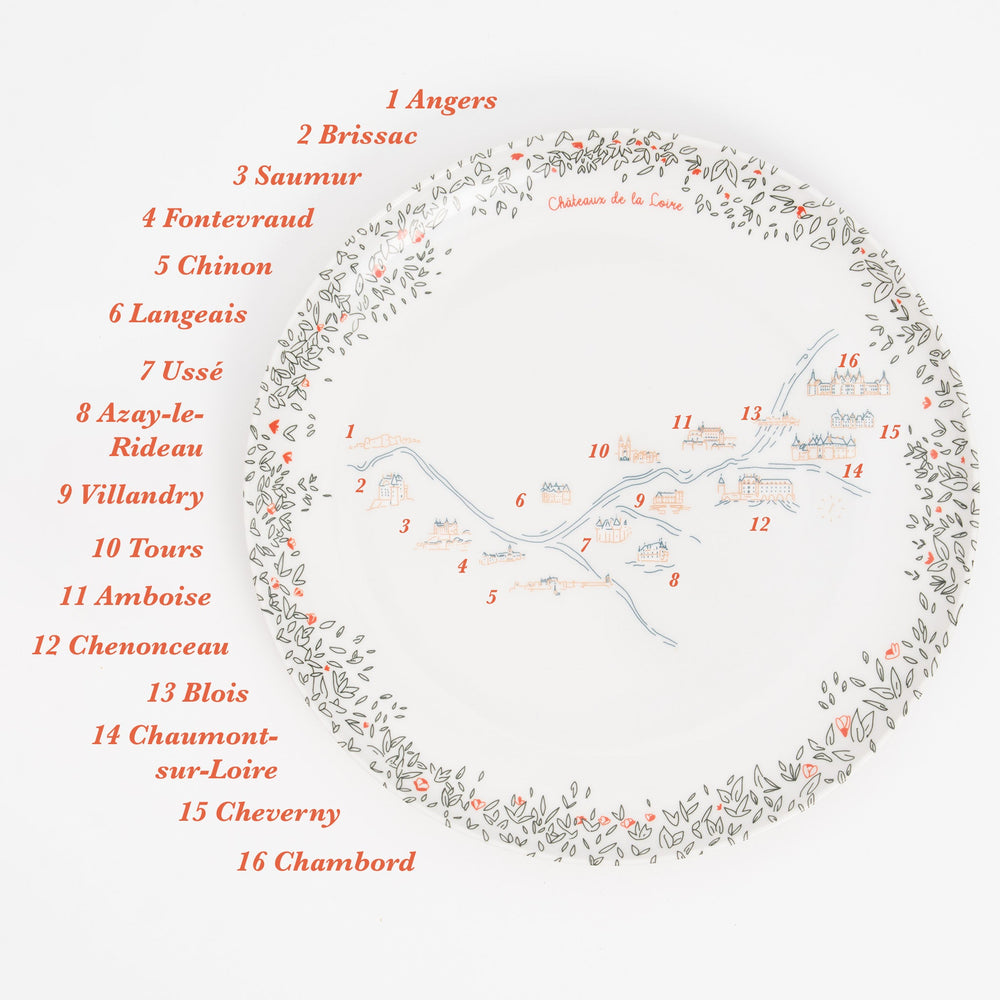 Carte du Val de Loire et de ses châteaux illustrée sur la grande assiette en mélamine · Ours Blanc Paris