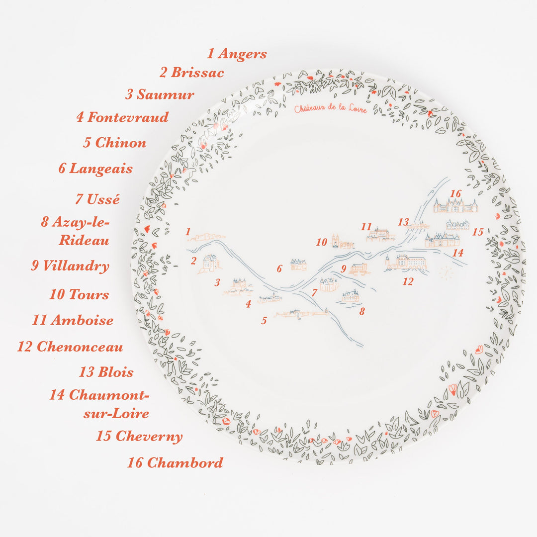 Carte du Val de Loire et de ses châteaux illustrée sur la grande assiette en mélamine · Ours Blanc Paris