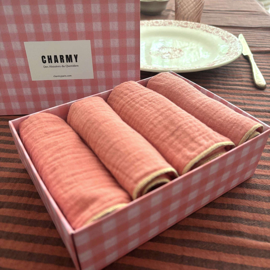Coffret 4 Serviettes de Table – Double Gaze de Coton – Rose Marsala – 40x40 cm