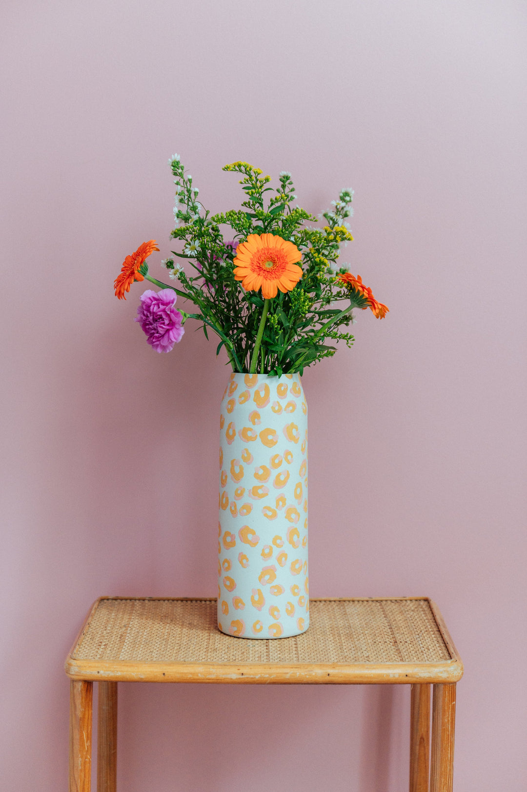 ALMA Green and Pink Leopard Print Low Vase