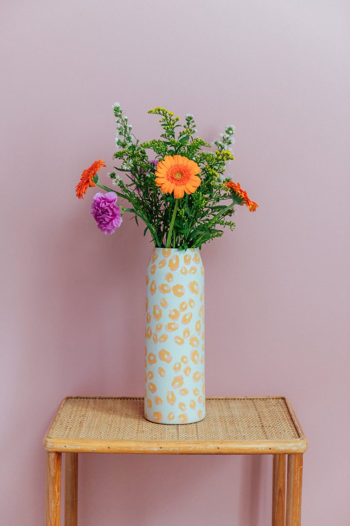 ALMA Green and Pink Leopard Print Low Vase