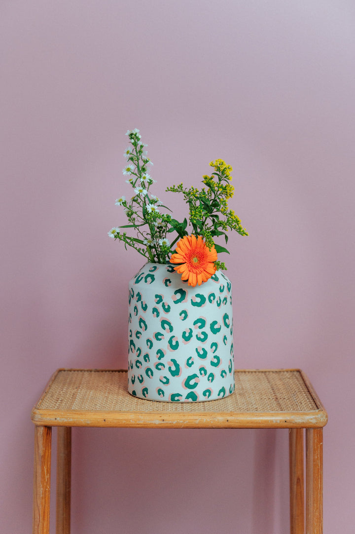 ALMA Green and Pink Leopard Print Low Vase