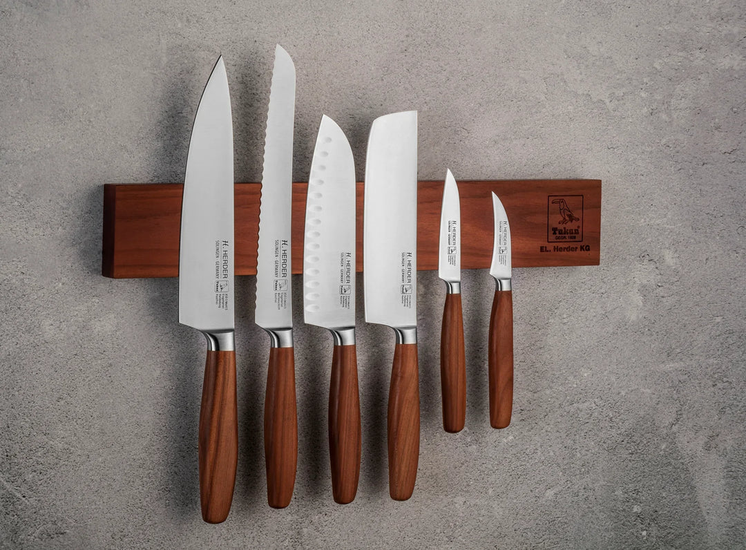 Set de couteaux 7 pcs. Eterno, bois de prunier, forgé, avec barre magnétique