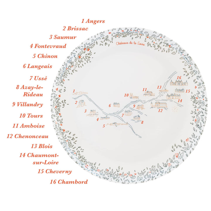 Service complet - Les châteaux de la Loire - 4 grandes assiettes en mélamine Ø 24 cm et 4 assiettes en mélamine Ø 21 cm à dessert. Services vaisselle Ours Blanc