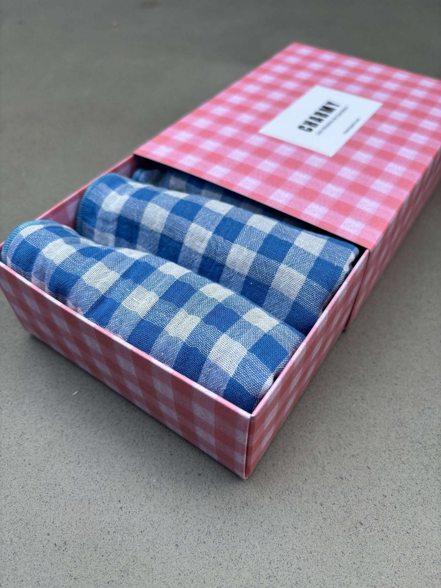 Coffret 4 Serviettes de Table – Gaze de Coton – Vichy Azur – 40x40 cm