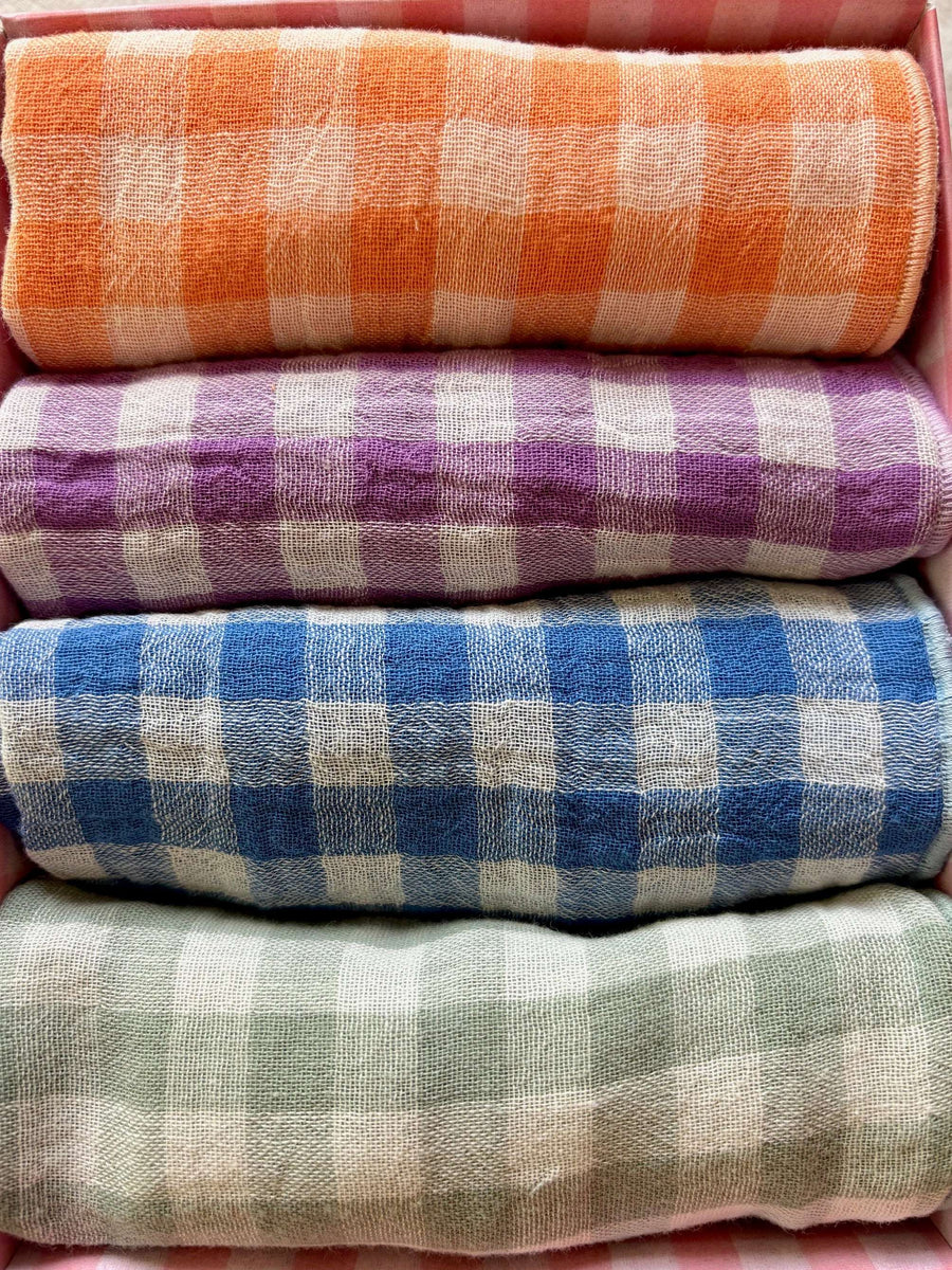 Coffret de 4 Serviettes de Table en Double Gaze de Coton – Vichy Azur, violet, clémentine et vert de gris– 40x40cm