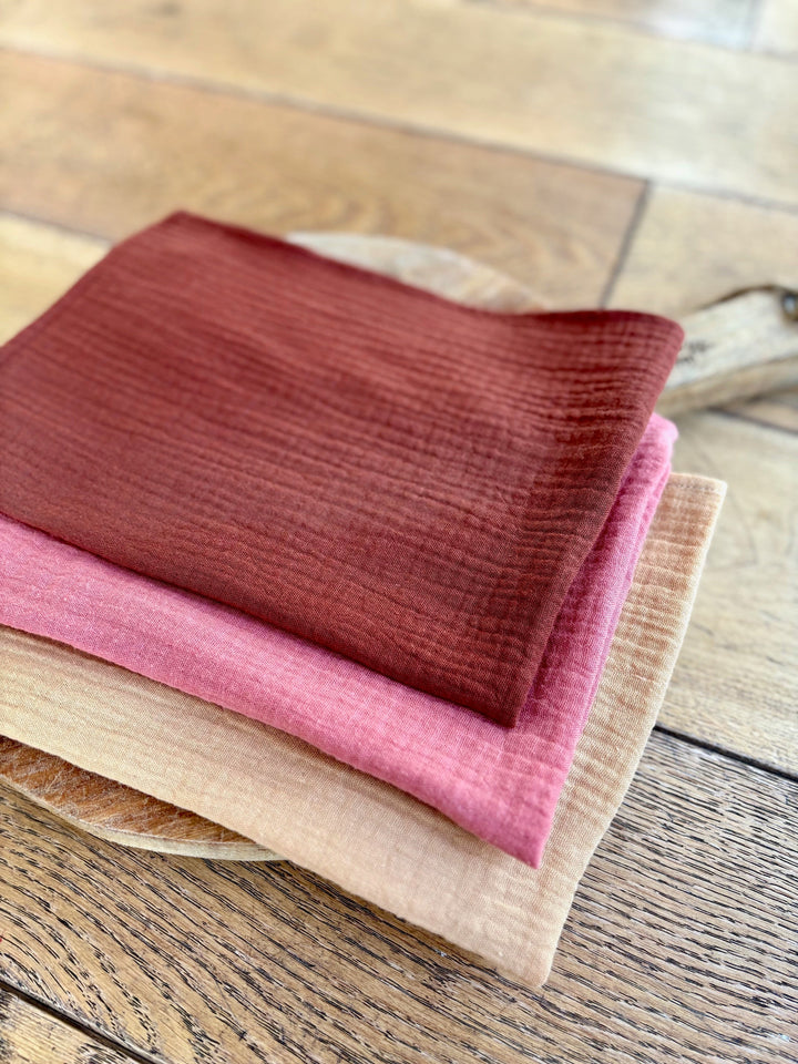 3 plain cotton gauze hand towels in toffee, marsala and wheat yellow