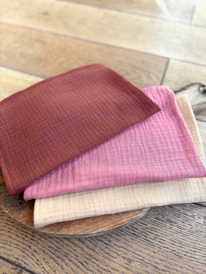 3 plain cotton gauze hand towels in toffee, marsala and wheat yellow