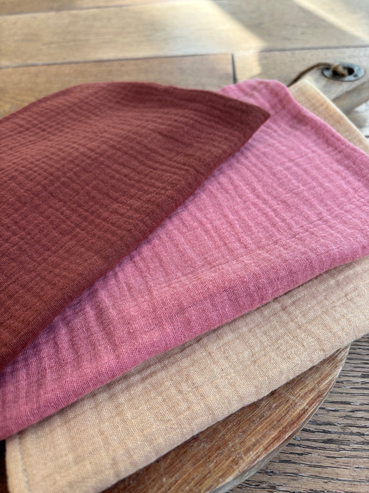 3 plain cotton gauze hand towels in toffee, marsala and wheat yellow