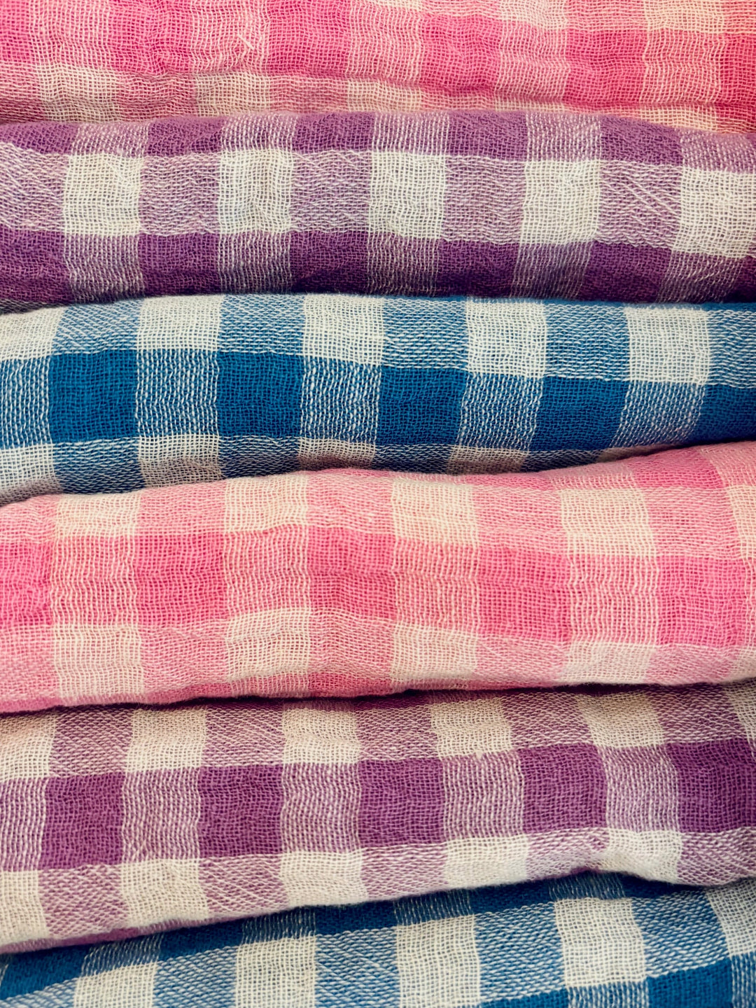 Box of 6 Small 23x23cm Pink, Blue and Purple Gingham Napkins 
