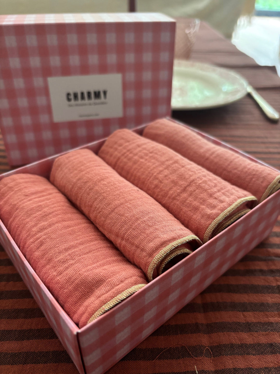 Coffret 4 Serviettes de Table – Double Gaze de Coton – Rose Marsala – 40x40 cm