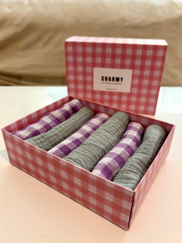Coffret de 6 serviettes Cocktail - Gaze de coton unie Vert de gris et vichy violet - 23x23cm