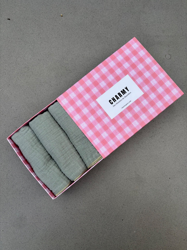 Coffret 4 Serviettes de Table – Gaze de Coton – Vert de gris – 40x40 cm