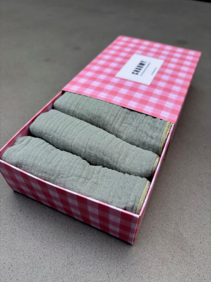 Coffret 4 Serviettes de Table – Gaze de Coton – Vert de gris – 40x40 cm