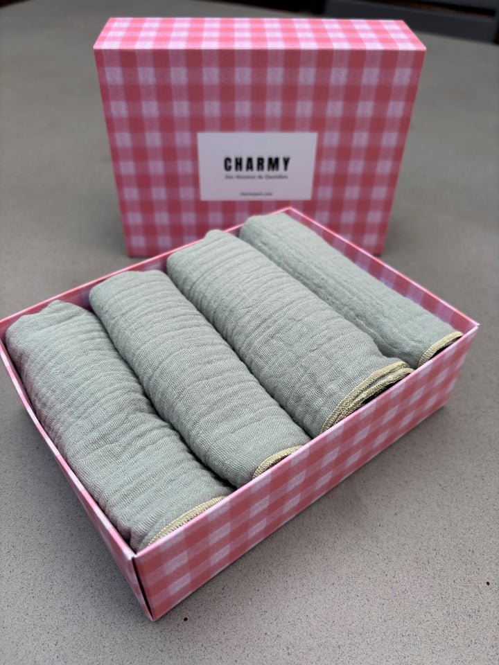 Coffret 4 Serviettes de Table – Gaze de Coton – Vert de gris – 40x40 cm