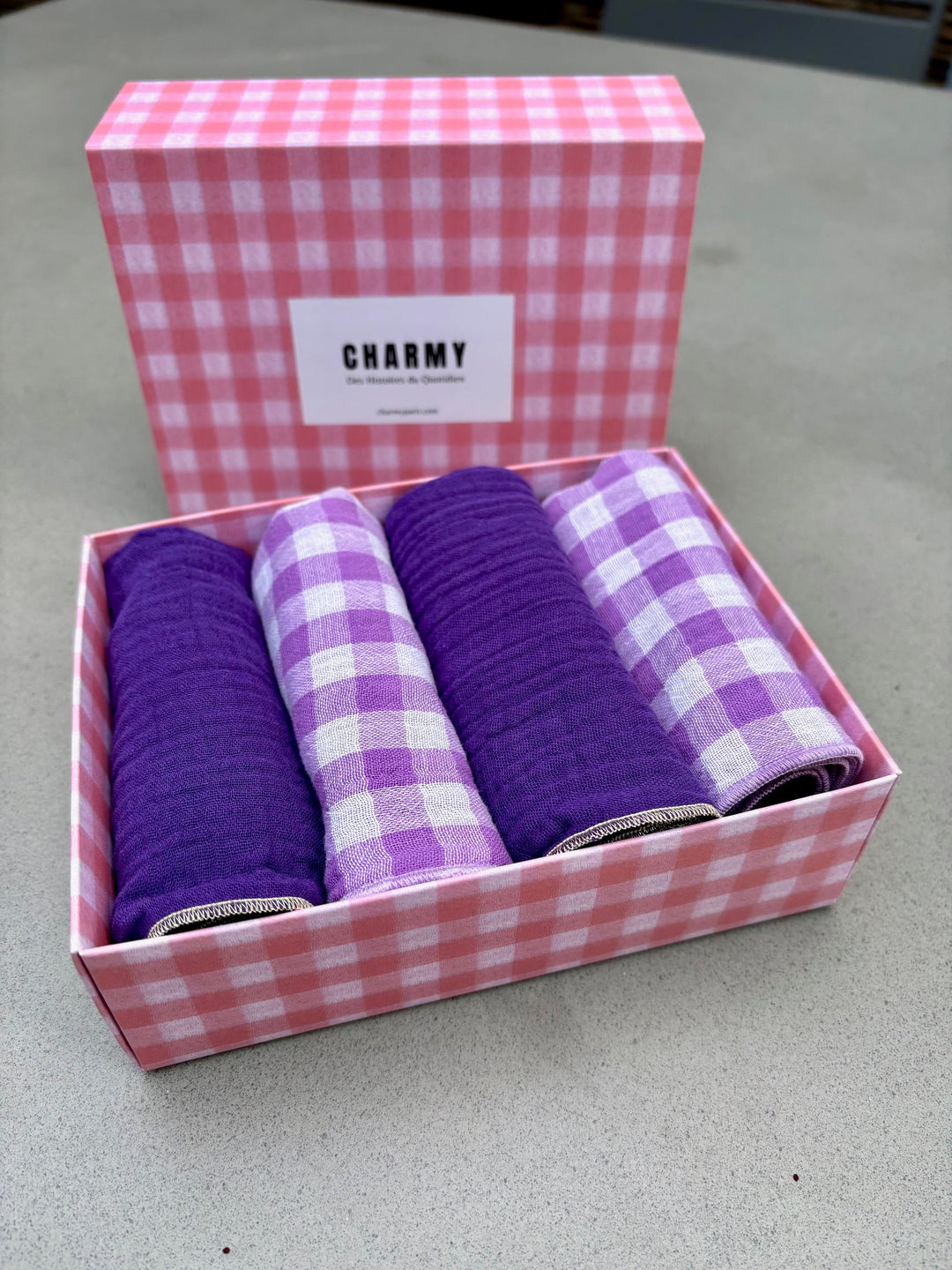 Coffret 4 Serviettes de Table – Gaze de Coton – Vichy et Uni Glycine – 40x40 cm