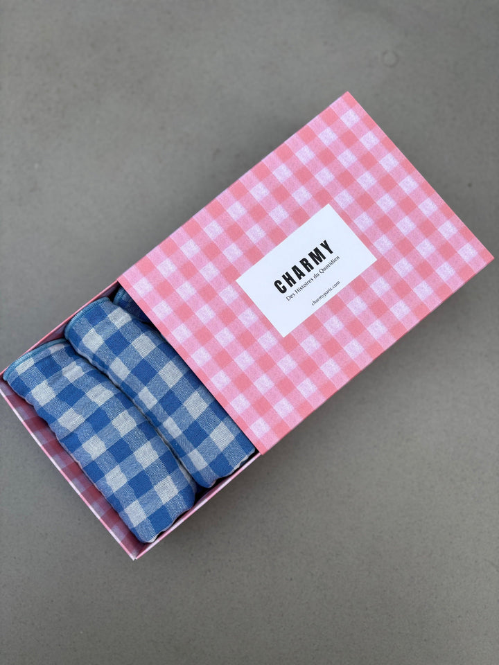 Coffret 4 Serviettes de Table – Gaze de Coton – Vichy Azur – 40x40 cm