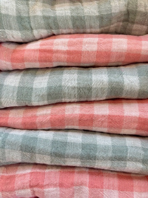 Coffret de 6 serviettes Cocktail - Gaze de coton vichy Vert de gris et rose barbapapa - 23x23cm