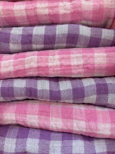 Coffret de 6 serviettes Cocktail - Gaze de coton vichy Violet et rose Bonbon - 23x23cm