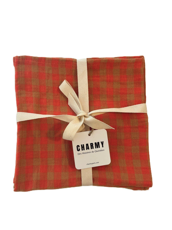 2 Serviettes de Table en Double Gaze de Coton – Vichy Tangerine & Caramel – 40x40 cm